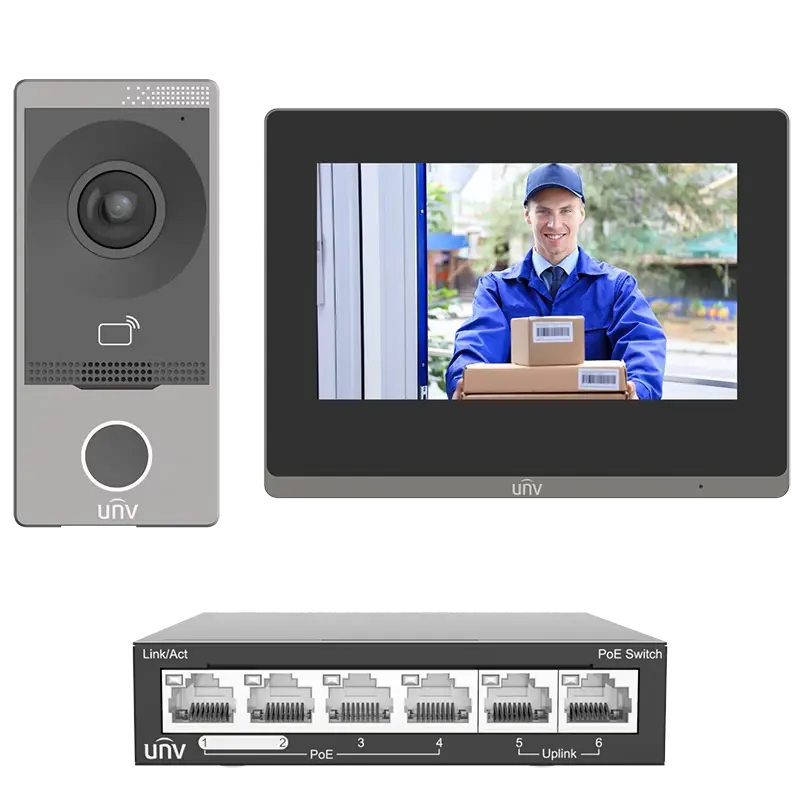 Uniview Video Intercom Kit, 7-inch Touch Screen Intercom, IP Video Intercom Egypt, UNV Intercom Mobile App, Smart Home Intercom Kit.