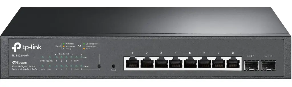 سويتش تي بي لينك 10 مخرج جيجابت PoE (8 منافذ PoE) - موديل TL-SG2210MP | إدارة سحابية JetStream و Omada