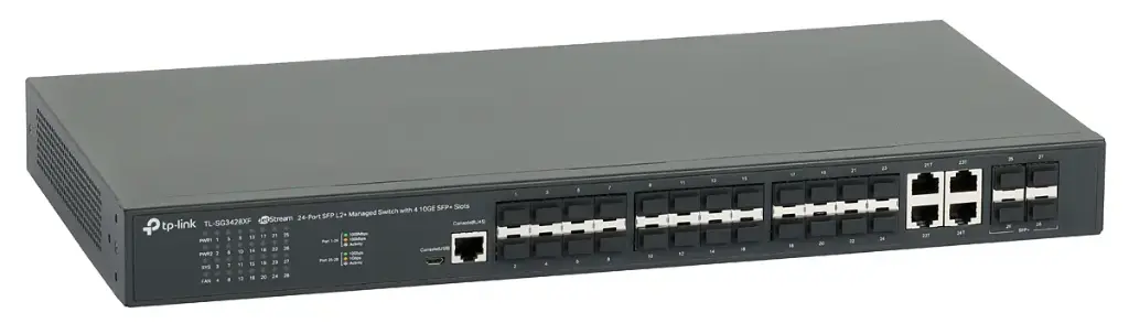 سويتش تي بي لينك 28 مخرج فايبر (24 منفذ SFP و 4 منافذ 10G SFP+) - موديل TL-SG3428XF | إدارة L2+ وسرعات خارقة