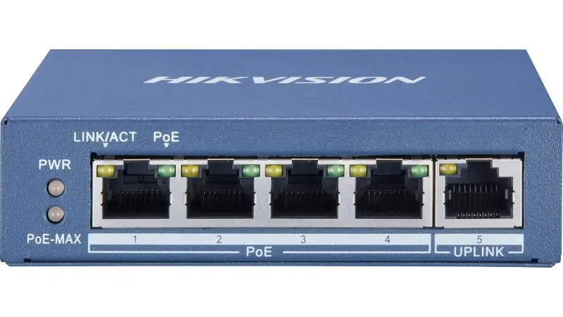 سويتش هيك فيجن جيجابت PoE (5 مخرج) - موديل DS-3E0505P-EM | سرعة 1000 ميجابت وتشغيل 4 كاميرات IP بدقة 4K