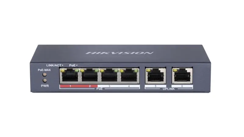 Hikvision DS-3E0106MP-EM 6-Port PoE Switch | 4 PoE + 2 Uplink Ports & 250m Long Range